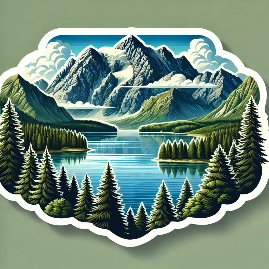 Vinyl sticker: Realistic Mountains, Lake, and Forest Landscape Sticker for Laptop, Wall, Car, Window, Bumper, Waterproof Decal for Truck, Auto, Water Bottle