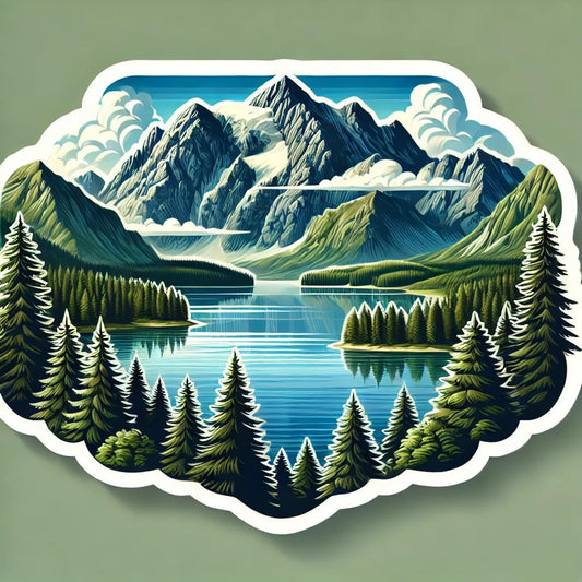 Vinyl sticker: Realistic Mountains, Lake, and Forest Landscape Sticker for Laptop, Wall, Car, Window, Bumper, Waterproof Decal for Truck, Auto, Water Bottle