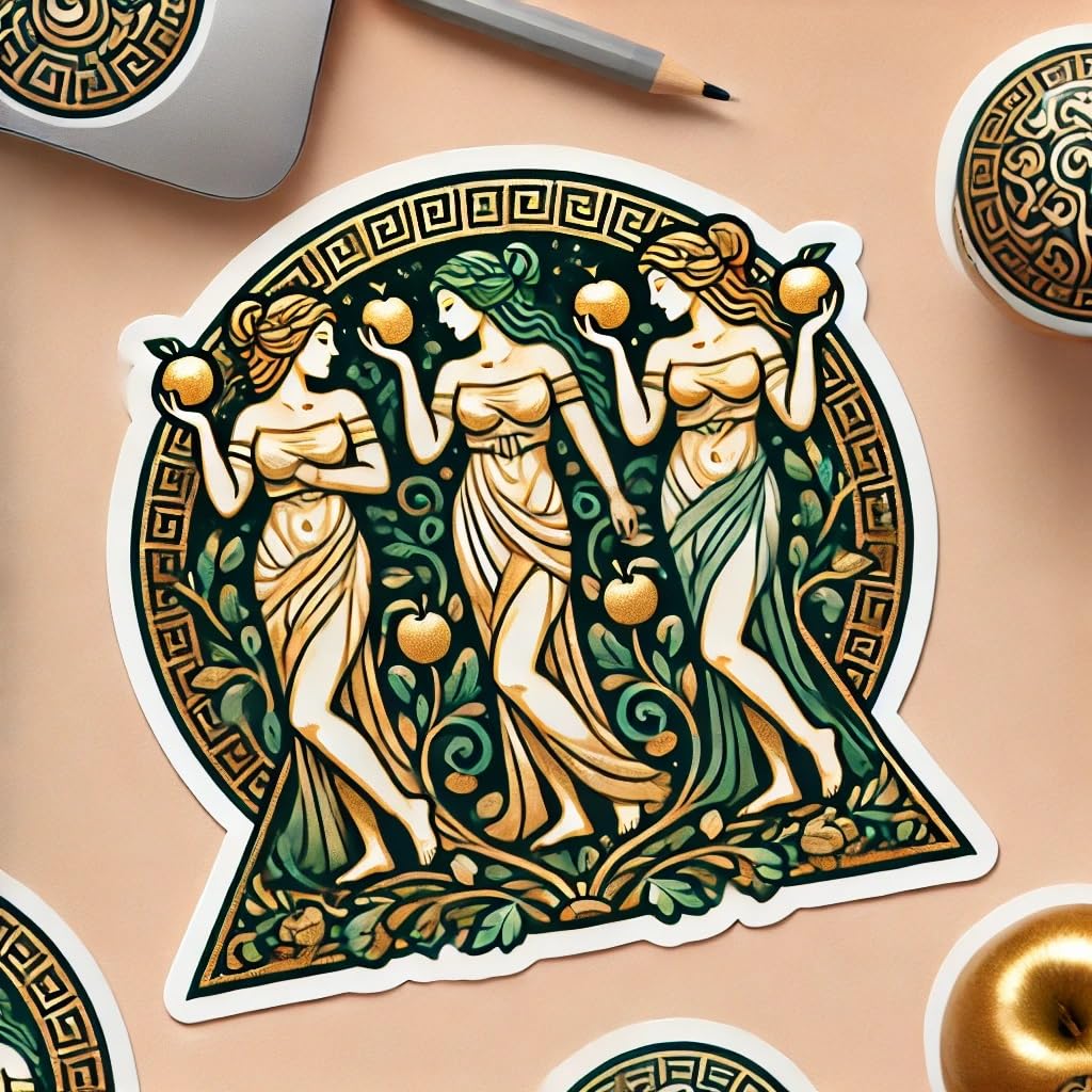 Vinyl sticker: Laptop Wall Car Window Bumper Sticker Decal - Hesperides with Swirling Vines and Golden Apples Waterproof Vinyl for Auto and Water Bottle
