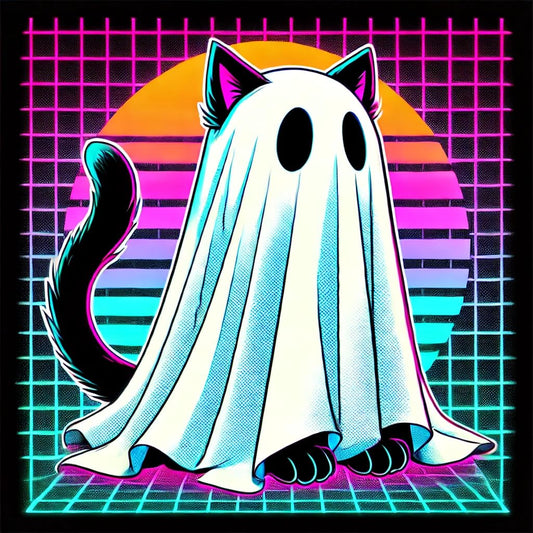 Vinyl sticker: Mystical Retro 80s Black Cat Ghost Costume Sticker for Laptop, Wall, Car, Window, Bumper, and Water Bottle – Waterproof, Auto Decal for Truck and More