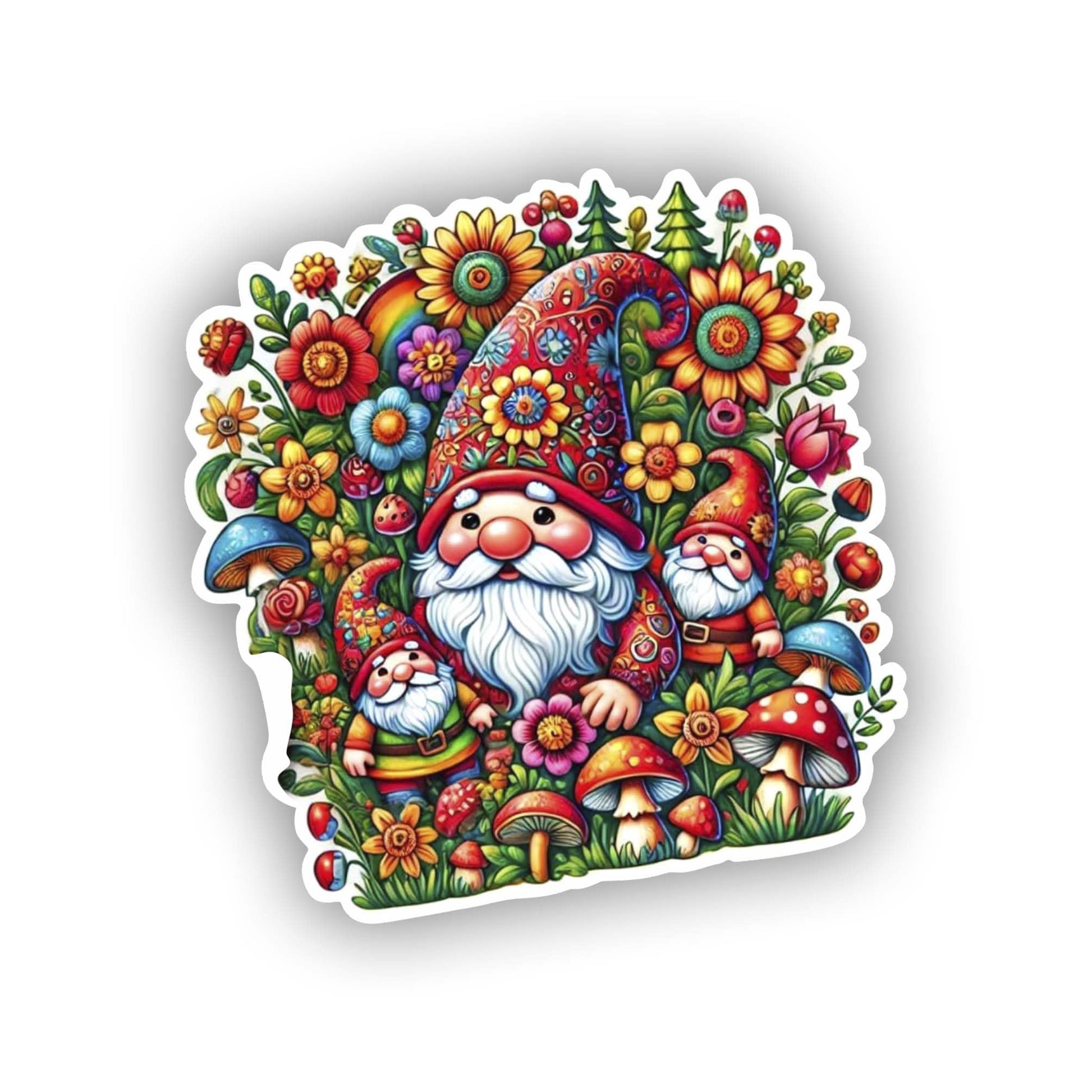 Vinyl sticker: Gnome Garden Laptop Wall Car Window Bumper Sticker Decal - Vibrant Gnomes with Mushrooms and Flowers, Waterproof and UV-Resistant Vinyl for Trucks, Water Bottles, Auto, and More (6)