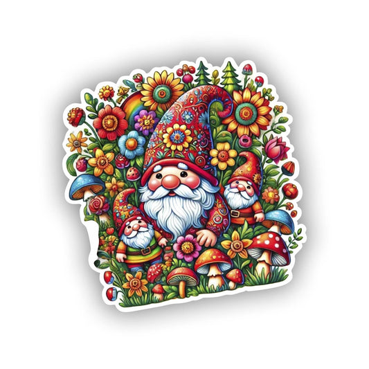 Vinyl sticker: Gnome Garden Laptop Wall Car Window Bumper Sticker Decal - Vibrant Gnomes with Mushrooms and Flowers, Waterproof and UV-Resistant Vinyl for Trucks, Water Bottles, Auto, and More (6)