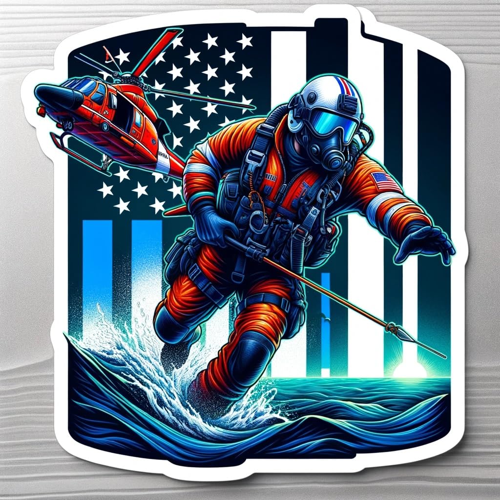 Vinyl sticker: Coast Guard Rescue Swimmer in Action Decal Sticker for Car, Laptop, Wall, Window, Bumper, Truck, Waterproof Auto, Water Bottle
