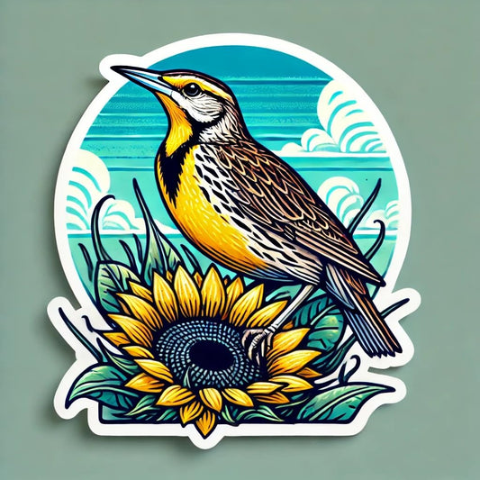 Vinyl sticker: Western Meadowlark on a Prairie Fence Waterproof Sticker for Laptop, Wall, Car, Window, Bumper, Decal for Truck, Auto, Water Bottle – Kansas Bird Vinyl