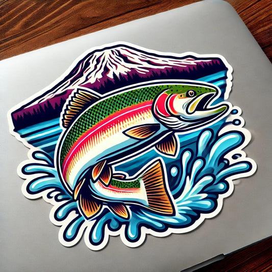 Vinyl sticker: Steelhead Trout Sticker for Laptop, Wall, Car, Window, Bumper, Decal with Mount Rainier, Waterproof Auto Truck Vinyl for Water Bottles
