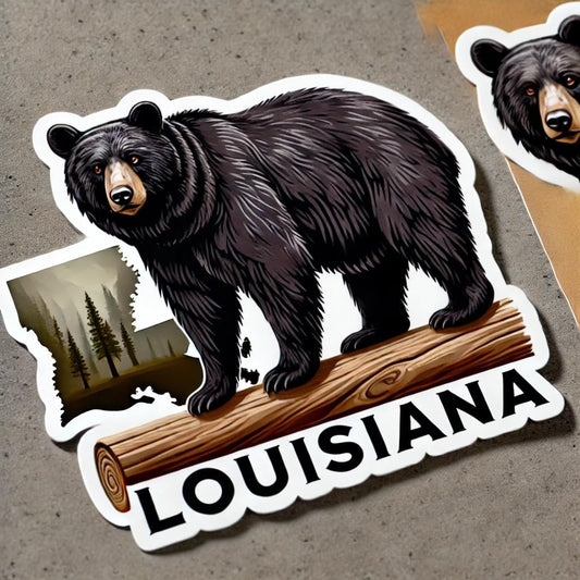 Vinyl sticker: Louisiana Black Bear on Log Vinyl Sticker – Bold Wildlife Decal for Car, Laptop, Window, Bumper, Truck, Water Bottle