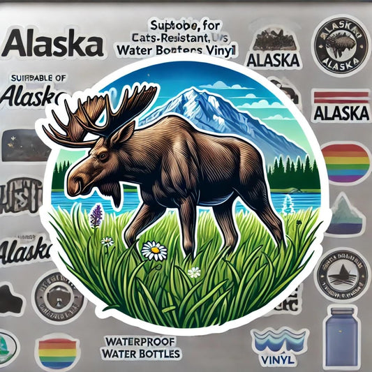 Vinyl sticker: Alaska Moose Laptop Wall Car Window Bumper Sticker Decal Truck Waterproof Auto Water Bottle Meadow Grazing Design