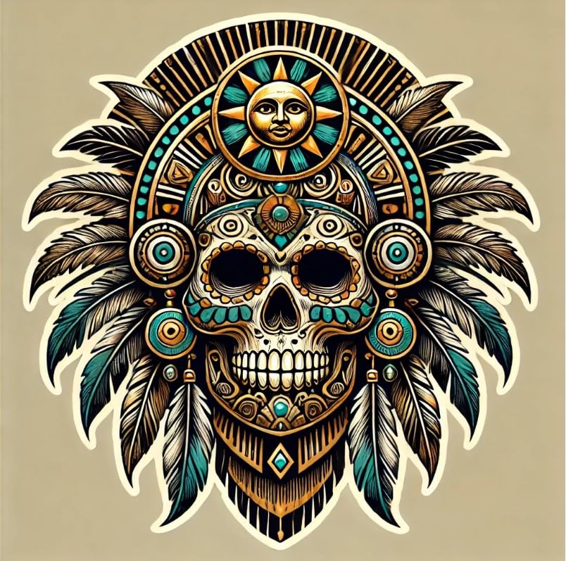 Vinyl sticker: Aztec Sun Skull Sticker for Laptop, Wall, Car, Window, Bumper, Decal, Truck, Waterproof, Auto, Water Bottle – Intricate Tribal Art with Ancient Engravings