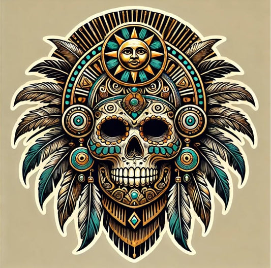 Vinyl sticker: Aztec Sun Skull Sticker for Laptop, Wall, Car, Window, Bumper, Decal, Truck, Waterproof, Auto, Water Bottle – Intricate Tribal Art with Ancient Engravings