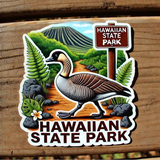 Vinyl sticker: Laptop Wall Car Window Bumper Sticker Decal Waterproof Truck Auto Water Bottle – Hawaiian Goose Nene on State Park Trail with Ferns, Lava Rocks and Mountain Scenery