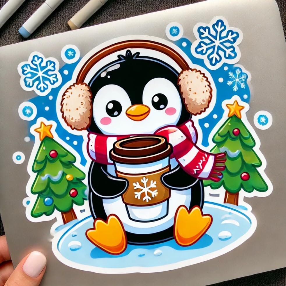 Vinyl sticker: Cozy Penguin with Hot Cocoa Decal – Waterproof Vinyl Sticker for Laptops, Cars, Walls, Windows, Bumpers, Auto, and Water Bottles