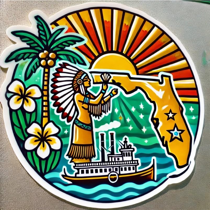 Vinyl sticker: Bold Florida State Seal Sticker for Car, Laptop, Water Bottle, and Bumper – Colorful Emblem Decal with Steamboat and Palm Trees, Waterproof and Durable