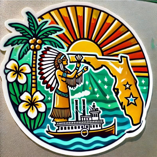 Vinyl sticker: Bold Florida State Seal Sticker for Car, Laptop, Water Bottle, and Bumper – Colorful Emblem Decal with Steamboat and Palm Trees, Waterproof and Durable