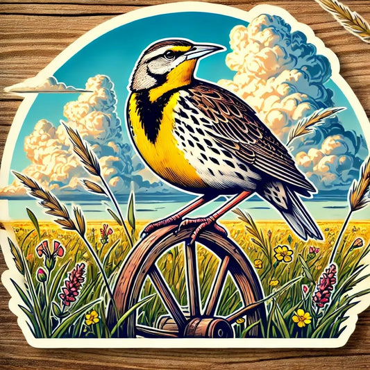 Vinyl sticker: Western Meadowlark on Wagon Wheel Sticker for Laptop, Wall, Car, Window, Bumper, Decal, Truck, Auto, Water Bottle – Wyoming Prairie Grass and Blue Sky Scene (4)
