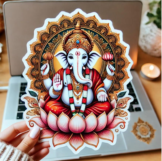 Vinyl sticker: Ganesha Blessing Laptop, Car, Water Bottle, Window Sticker - Ornate Halo and Lotus Flower Design - Gold, Red, and White Waterproof Decal for Bumpers and Auto (4)