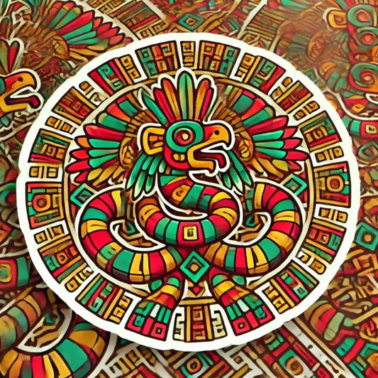 Vinyl sticker: Aztec Quetzalcoatl Geometric Maze Vinyl Decal - Feathered Serpent Intertwined with Intricate Patterns - Detailed Sticker for Wall, Car, Window, Bumper, Laptops