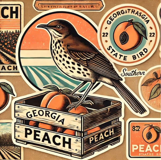Vinyl sticker: Laptop Wall Car Window Bumper Sticker Waterproof Auto Water Bottle Decal Truck – Brown Thrasher on Peach Crate with Vintage Label Georgia Bird Rustic Farm Style