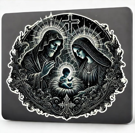 Vinyl sticker: Gothic Nativity Scene with Medieval Patterns, Laptop and Car Decal
