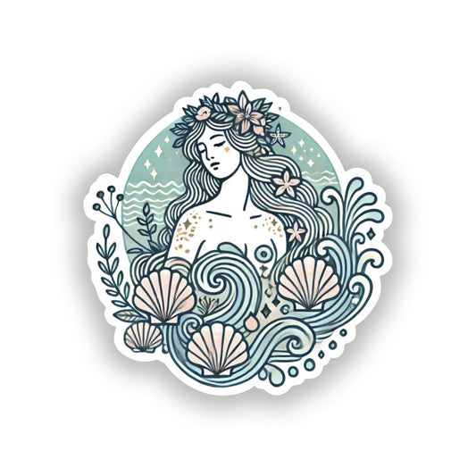 Vinyl sticker: Aphrodite Greek Goddess Sticker for Laptop, Car, Window, Bumper, Waterproof Vinyl Decal - Love and Beauty Goddess Emerging from The Sea for Water Bottles and Auto Use