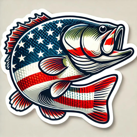 Vinyl sticker: American Flag Largemouth Bass Fish Sticker Decal - Perfect for Car, Truck, Wall, Laptop, Window, Bumper, Water Bottle, and More.