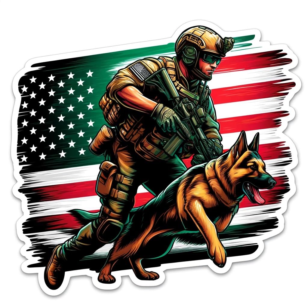 Vinyl sticker: Military K9 Handler in Action Decal Sticker for Car, Laptop, Wall, Window, Bumper, Truck, Waterproof Auto, Water Bottle