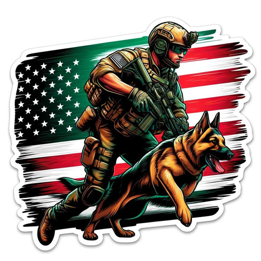 Vinyl sticker: Military K9 Handler in Action Decal Sticker for Car, Laptop, Wall, Window, Bumper, Truck, Waterproof Auto, Water Bottle