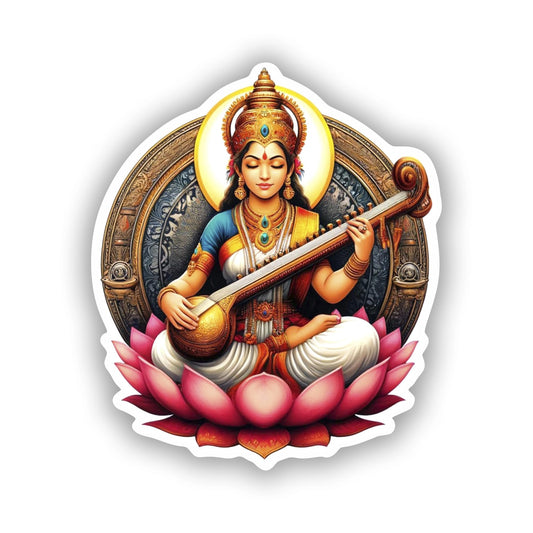 Vinyl sticker: Realistic Saraswati Hindu Goddess Sticker for Car, Laptop, Window, Wall, Bumper, Waterproof Decal, Mythological Design (6)