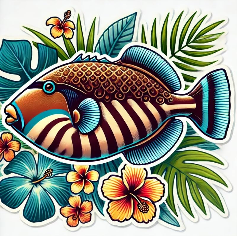 Vinyl sticker: Laptop Wall Car Window Bumper Sticker Decal Truck Waterproof Auto Water Bottle – Hawaiian State Fish Undulated Triggerfish with Hibiscus and Tropical Island Theme (6)