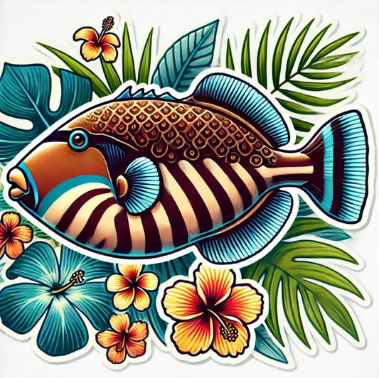 Vinyl sticker: Laptop Wall Car Window Bumper Sticker Decal Truck Waterproof Auto Water Bottle – Hawaiian State Fish Undulated Triggerfish with Hibiscus and Tropical Island Theme (6)