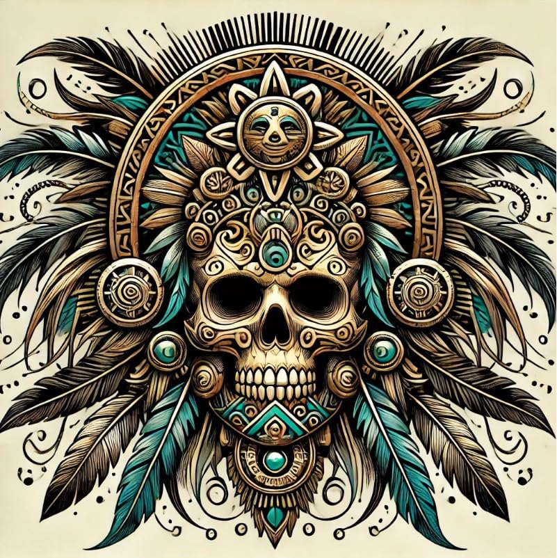 Vinyl sticker: Aztec Warrior Skull Sticker for Laptop, Wall, Car, Window, Bumper, Decal, Truck, Waterproof, Auto, Water Bottle – Tribal Art with Gold and Turquoise Accents (4)