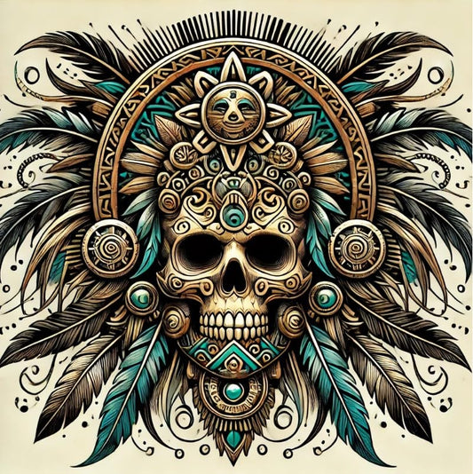 Vinyl sticker: Aztec Warrior Skull Sticker for Laptop, Wall, Car, Window, Bumper, Decal, Truck, Waterproof, Auto, Water Bottle – Tribal Art with Gold and Turquoise Accents (4)