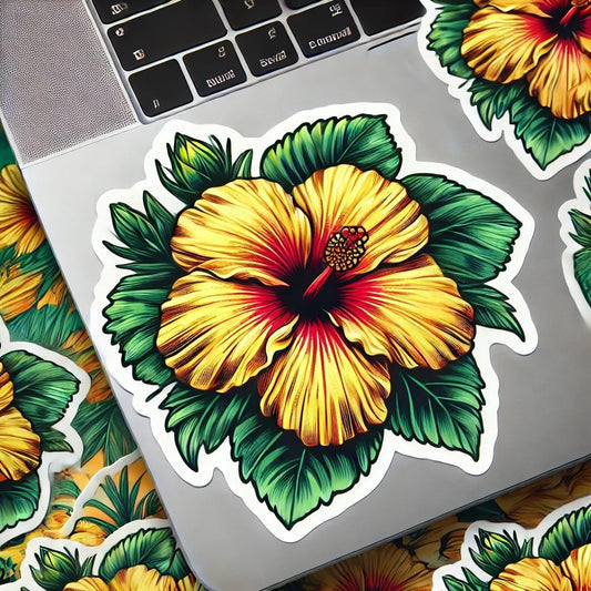 Vinyl sticker: Waterproof Car Bumper Sticker Decal - Vibrant Yellow Hibiscus brackenridgei Flower with Tropical Green Leaves