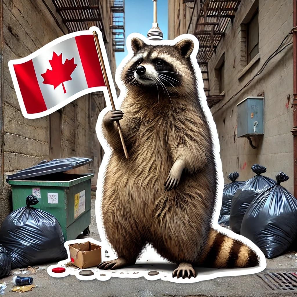 Vinyl sticker: Laptop Wall Car Window Bumper Sticker Decal Truck Waterproof Auto Water Bottle Toronto Trash Panda Raccoon with Canadian Flag on Trash Pile and CN Tower in Alley (6)