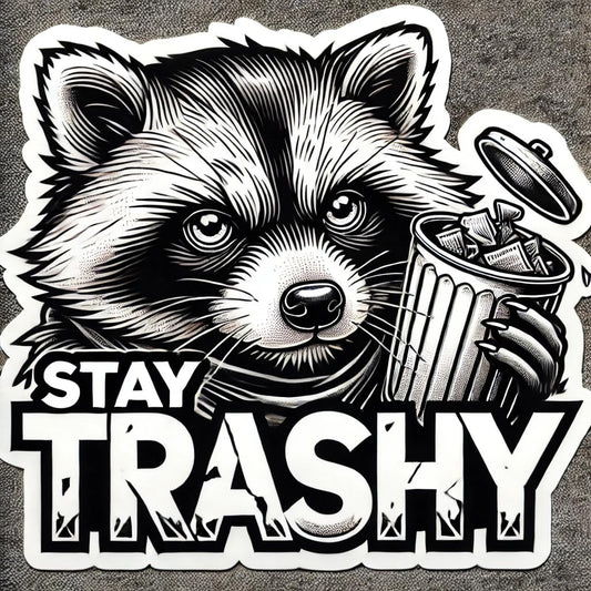 Vinyl sticker: Determined Raccoon Sticker for Laptop, Wall, Car, Window, Bumper - Stay Trashy Decal for Truck, Waterproof Auto, Water Bottle - Black and White Design