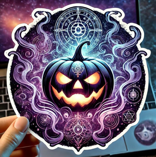 Vinyl sticker: Enigmatic Glow Mystic Pumpkin Sticker for Laptop, Wall, Car, Window, Bumper, Waterproof Decal with Swirling Mist, Mystical Symbols, and Ethereal Light (4)