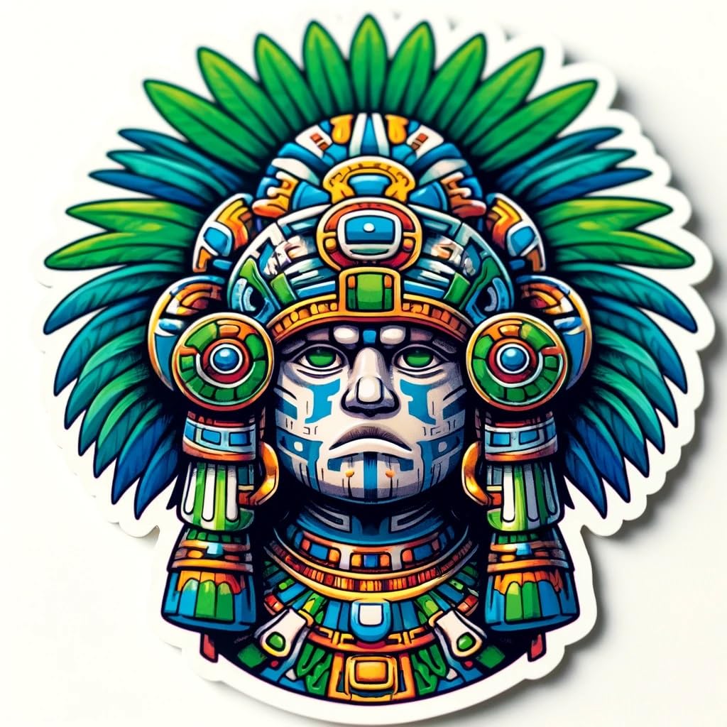 Vinyl sticker: Aztec God Tlaloc Sticker - Vibrant Human Form Rain God Decal for Laptop, Wall, Car, Window, Bumper, Water Bottle, and More