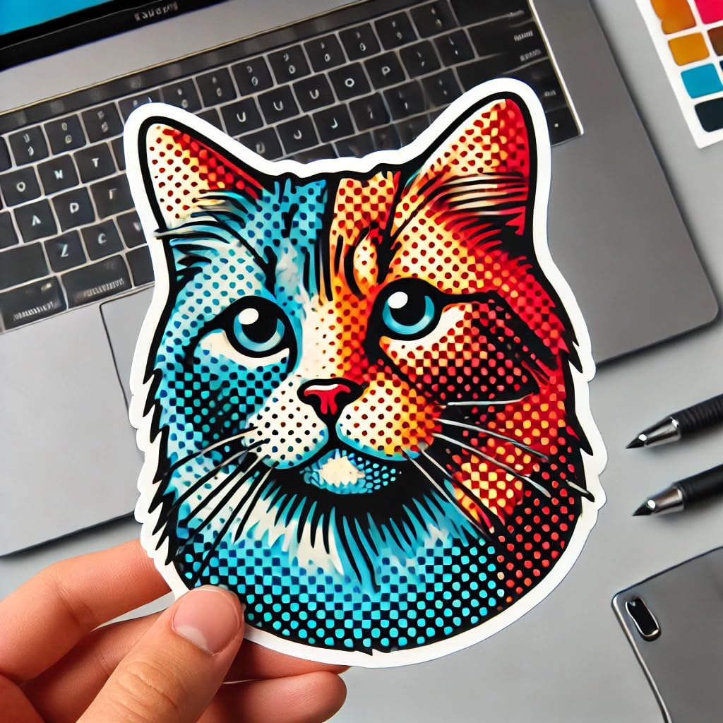 Vinyl sticker: Laptop Wall Car Window Bumper Sticker Decal Truck Waterproof Auto Water Bottle – Pop Art Cat with Bold Colors and Playful Design