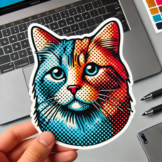 Vinyl sticker: Laptop Wall Car Window Bumper Sticker Decal Truck Waterproof Auto Water Bottle – Pop Art Cat with Bold Colors and Playful Design