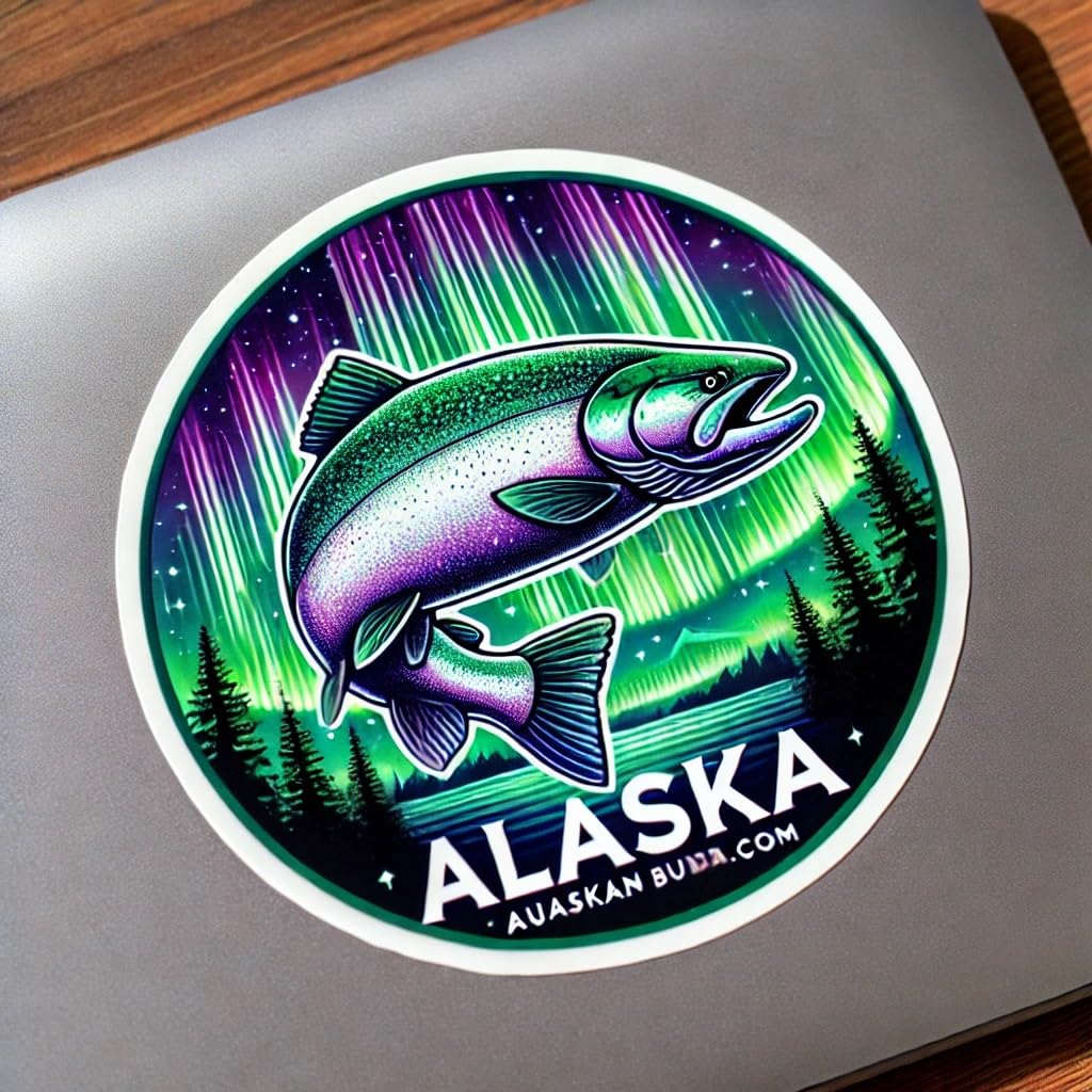 Vinyl sticker: Alaska Chinook Salmon Laptop Wall Car Window Bumper Sticker Decal Truck Waterproof Auto Water Bottle Aurora Borealis Design (6)