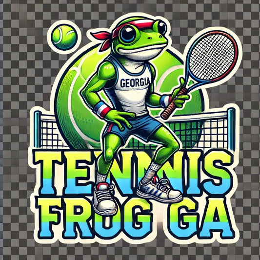 Vinyl sticker: Waterproof Laptop Car Window Wall Bumper Sticker Decal Truck Auto Water Bottle – Tennis Frog GA American Green Tree Frog on Court with Racket and Sweatband