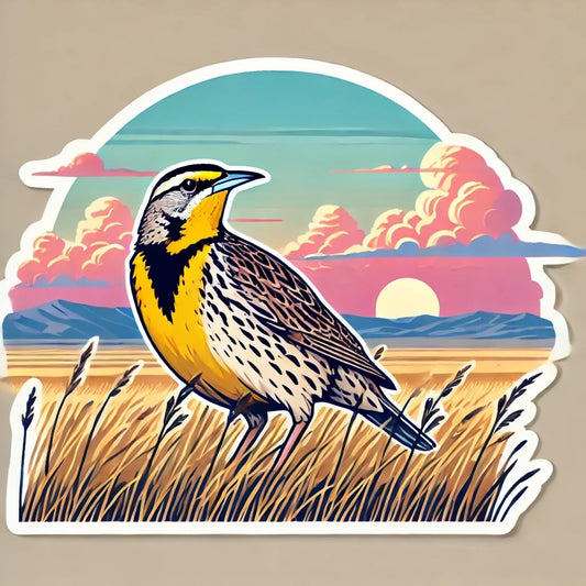 Vinyl sticker: Western Meadowlark in Pastel Sunset Prairie Sticker for Laptop, Wall, Car, Window, Bumper, Decal, Truck, Auto, Water Bottle – Wyoming Open Field Bird Scene