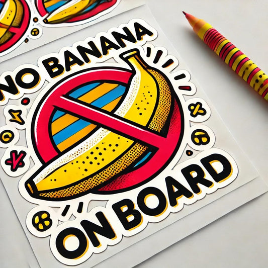 Vinyl sticker: "No Banana on Board Street Art Waterproof Car Bumper Sticker Decal for Truck, Laptop, Window, Auto, and Water Bottle"