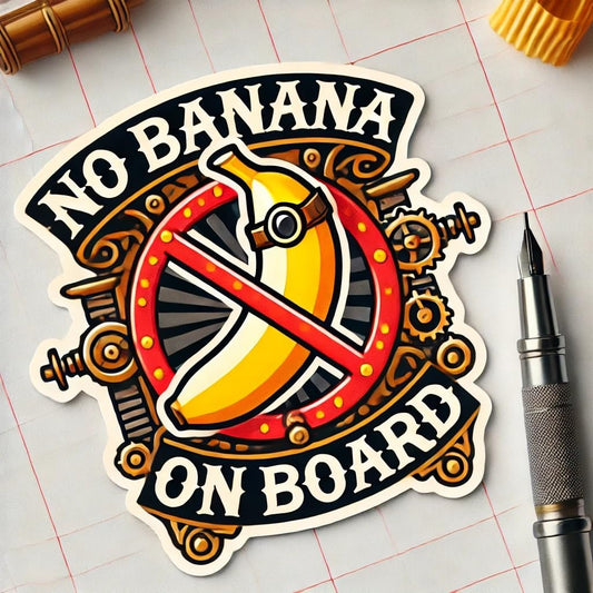 Vinyl sticker: "No Banana on Board Steampunk Waterproof Car Bumper Sticker Decal for Truck, Laptop, Window, Auto, and Water Bottle"