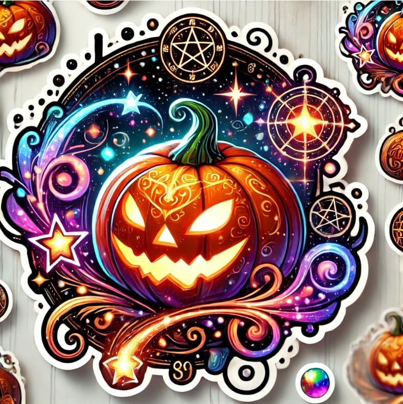 Vinyl sticker: Magical Glow Halloween Pumpkin Sticker for Laptop, Wall, Car, Window, Bumper, Waterproof Decal with Mystical Symbols, Sparkling Stars, and White Background (6)