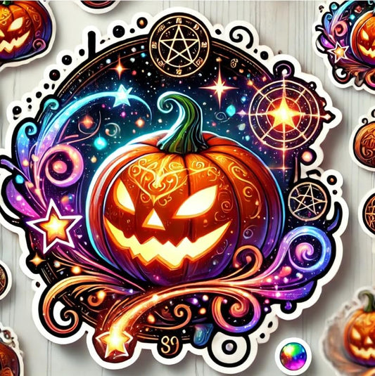 Vinyl sticker: Magical Glow Halloween Pumpkin Sticker for Laptop, Wall, Car, Window, Bumper, Waterproof Decal with Mystical Symbols, Sparkling Stars, and White Background (6)
