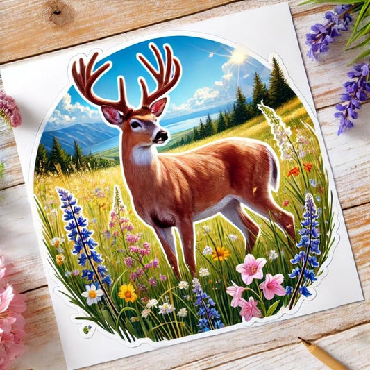 Vinyl sticker: White-Tailed Deer Spring Meadow Vinyl Sticker for Laptop, Wall, Car, Window, Bumper, Truck, Waterproof Auto, Water Bottle