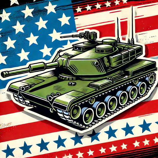 Vinyl sticker: Military Tank Sticker - Vibrant Vinyl Decal for Laptop, Wall, Car, Window, Bumper, Truck, Water Bottle - Tank with American Flag Background Design
