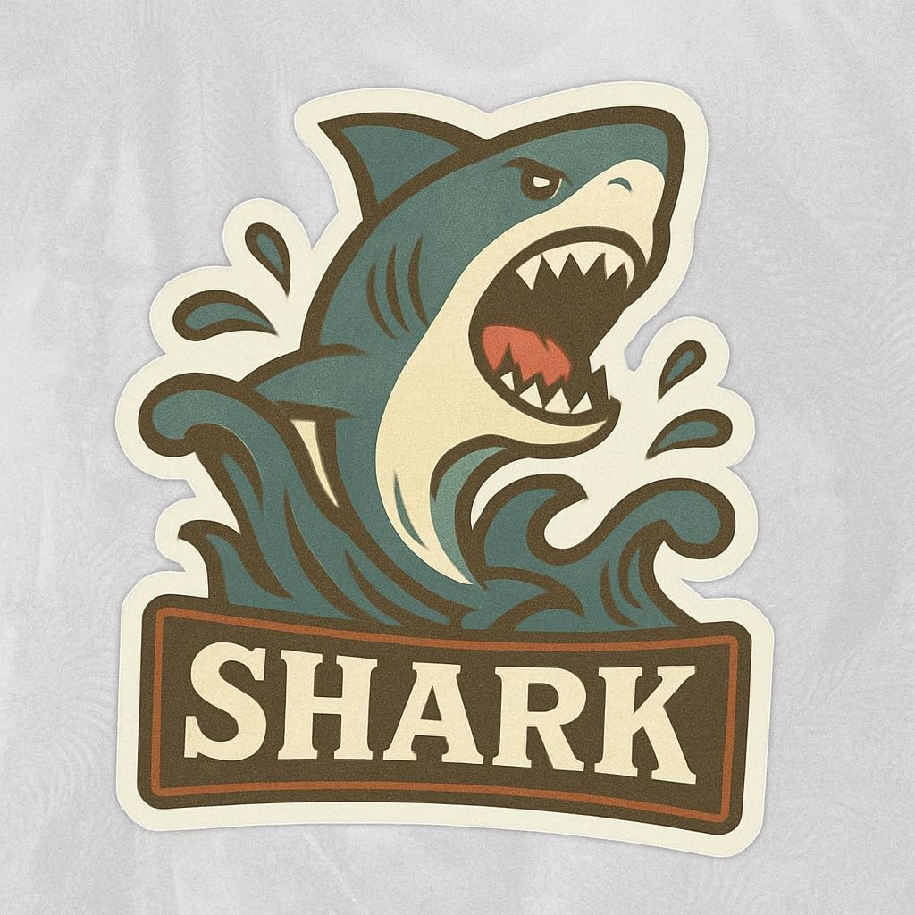 Vinyl sticker: Laptop Wall Car Window Bumper Sticker Decal Truck Waterproof Auto Water Bottle Retro Shark Emerging Waves Vintage Ocean Predator Fierce Marine Design