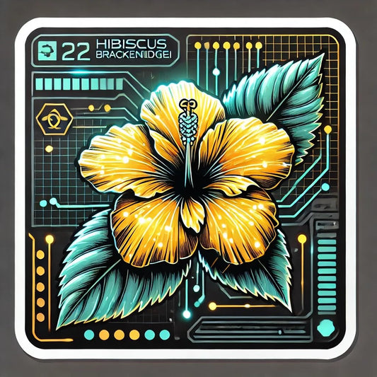 Vinyl sticker: Waterproof Car Laptop Bumper Window Wall Sticker Decal - Cyberpunk Hibiscus brackenridgei with Neon Circuit Petals and Chrome Digital Elements