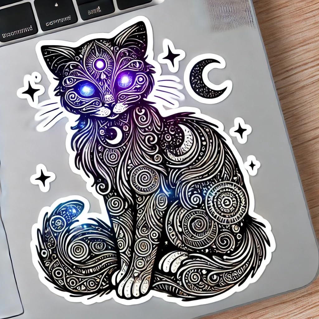 Vinyl sticker: Laptop Wall Car Window Bumper Sticker Decal Truck Waterproof Auto Water Bottle – Mystical Cat with Glowing Eyes and Cosmic Elements Design (6)